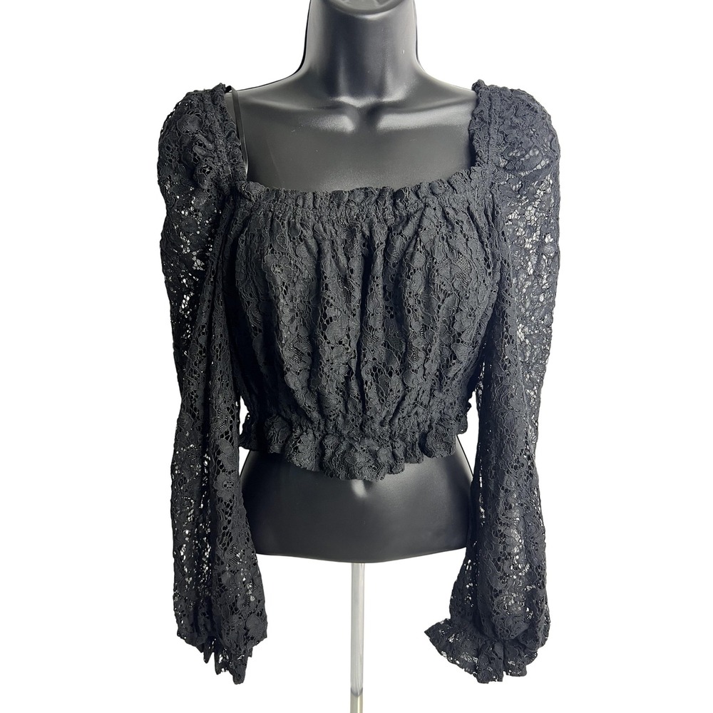 Aqua Blouse Womens Medium Black Lace Long Sleeve‎ Peasant Boho LT14490S NWT Top
